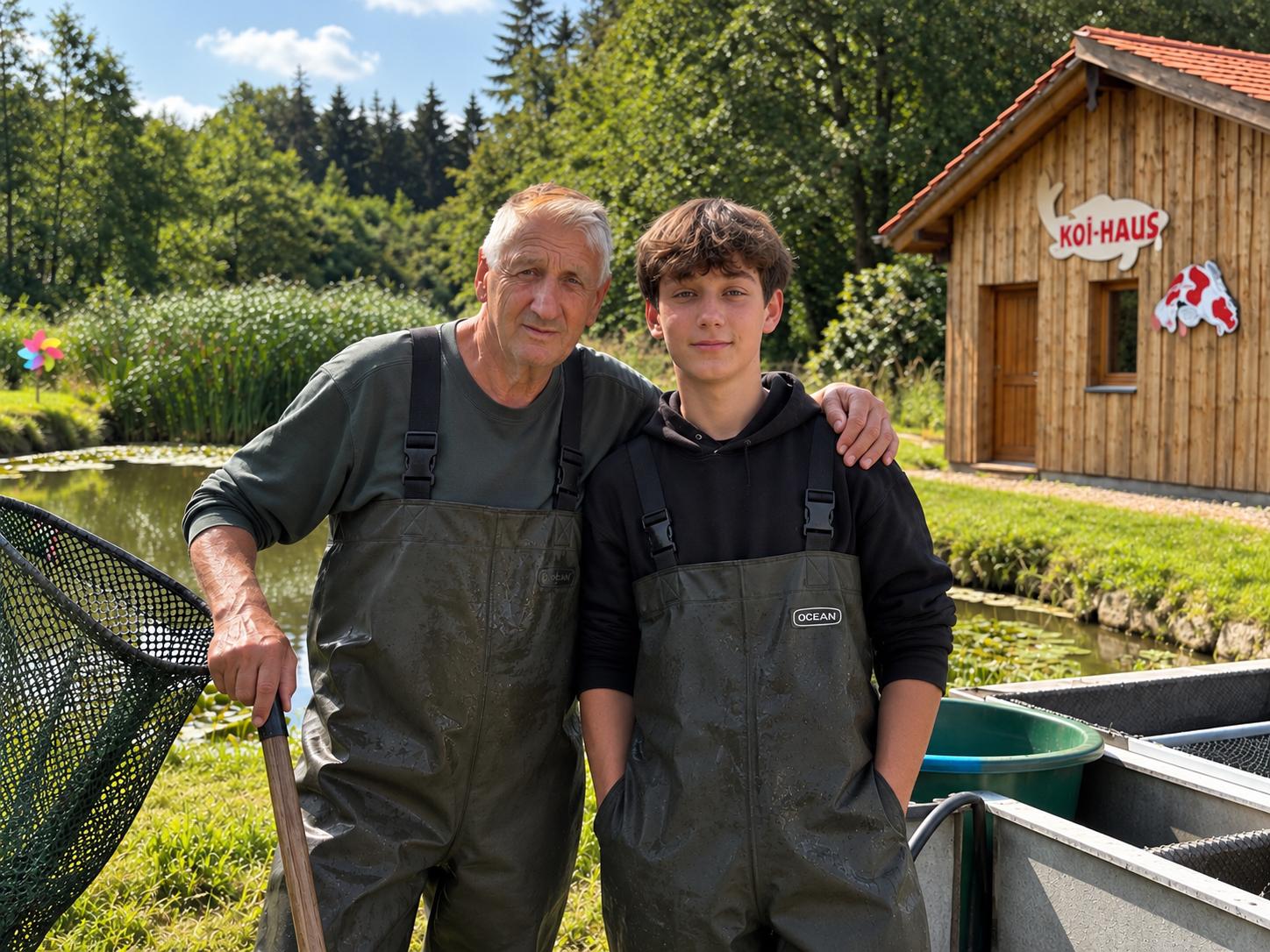 Günther Schneller und Semih an den Naturteichen der Koifarm Krumbach